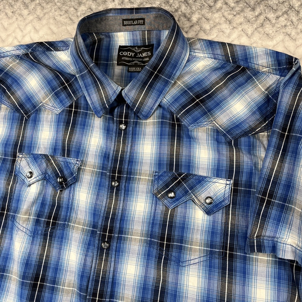 Cody James Shirt Men 2XL Blue Plaid Short Sleeve Pearl Snap Sawtooth Regular Fit